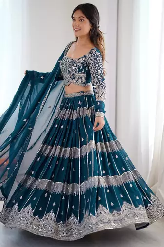 Teal Blue Embroidered Lehenga