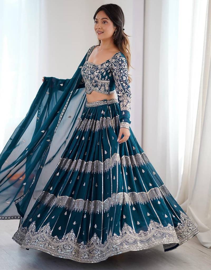 Teal Blue Embroidered Lehenga