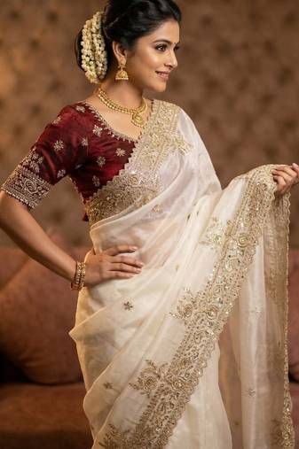 White Color sartin fabric embroidery sequence work heavy border  Saree