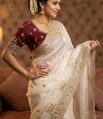 White Color sartin fabric embroidery sequence work heavy border  Saree