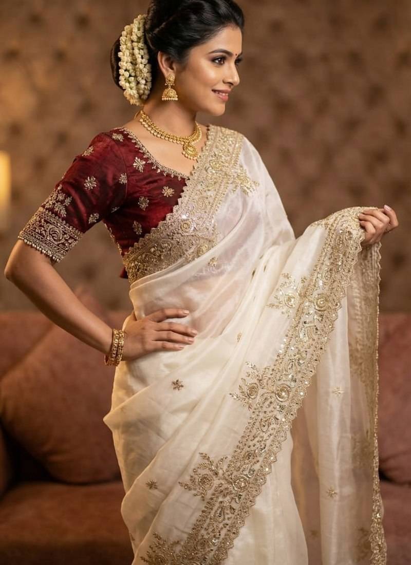 White Color sartin fabric embroidery sequence work heavy border  Saree