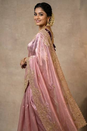 Pink Color sartin fabric embroidery sequence work heavy border  Saree