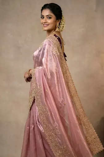 Pink Color sartin fabric embroidery sequence work heavy border  Saree