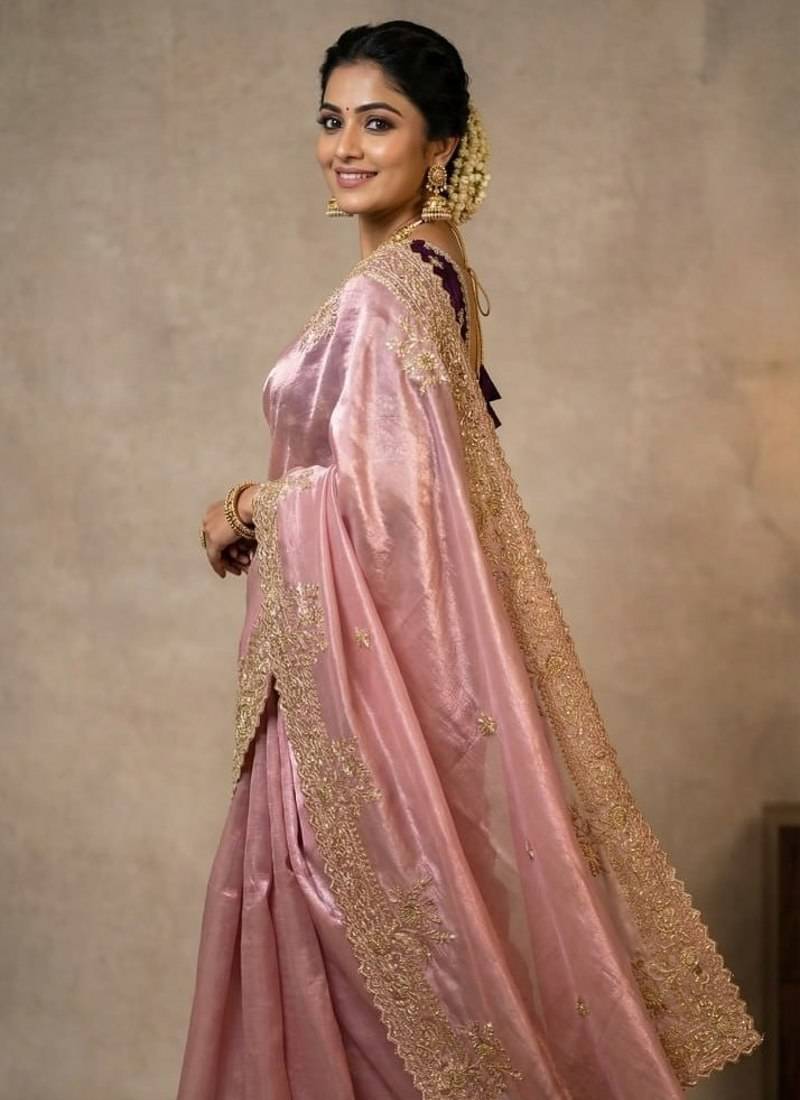 Pink Color sartin fabric embroidery sequence work heavy border  Saree