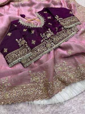 pink satin saree with embroidery and heavy border 2