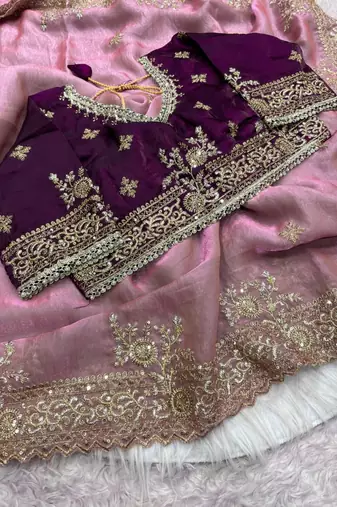 pink satin saree with embroidery and heavy border