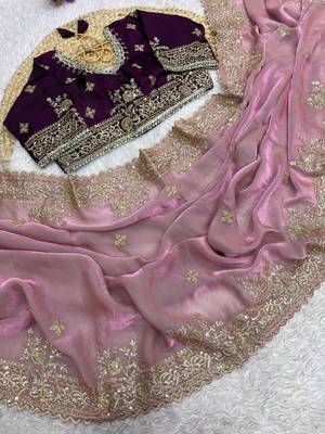 pink satin saree with embroidery and heavy border 3