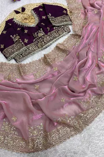 pink satin saree with embroidery and heavy border