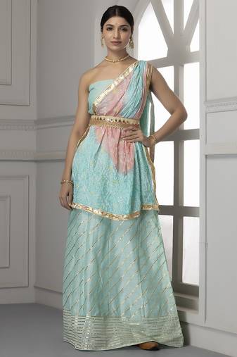 turquoise blue pink embellished silk lehenga set