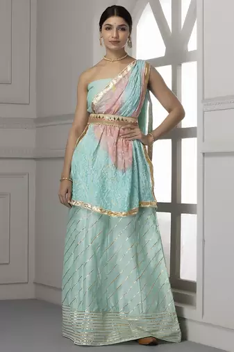 turquoise blue pink embellished silk lehenga set