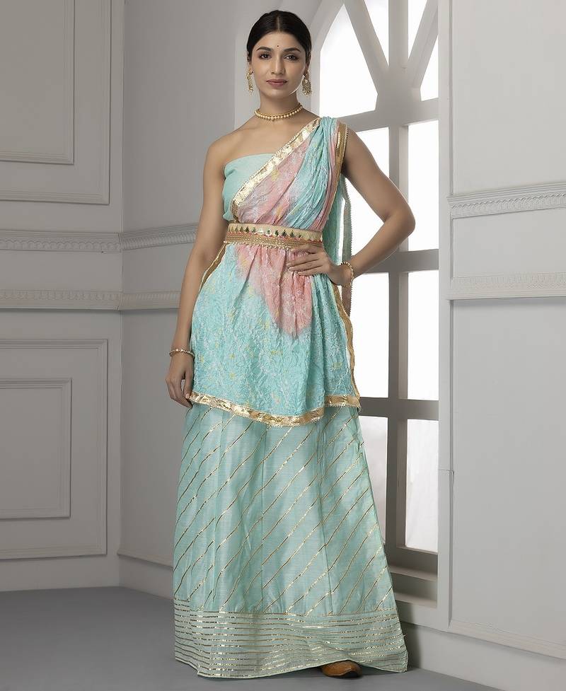 turquoise blue pink embellished silk lehenga set