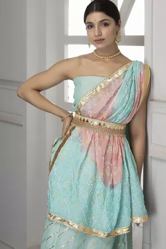 turquoise blue pink embellished silk lehenga set