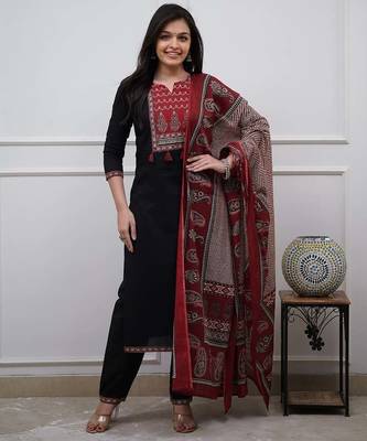 Women floral printed cotton kurta with trouser & dupatta 2