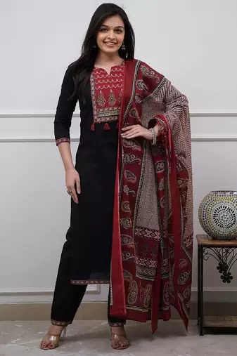 Women floral printed cotton kurta with trouser & dupatta