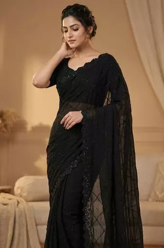  Black Color Fox Geogate With Beautiful Original Black Beeds Work with Cut  work border Saree