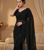  Black Color Fox Geogate With Beautiful Original Black Beeds Work with Cut  work border Saree