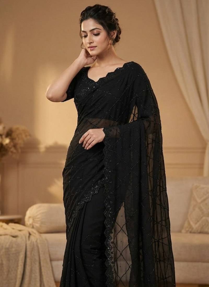  Black Color Fox Geogate With Beautiful Original Black Beeds Work with Cut  work border Saree