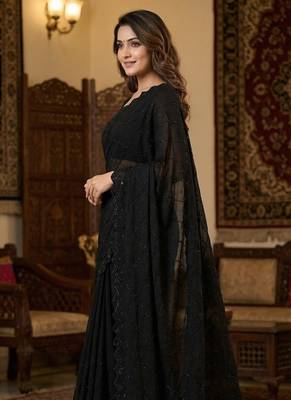 black georgette saree with beads work and cut border 2