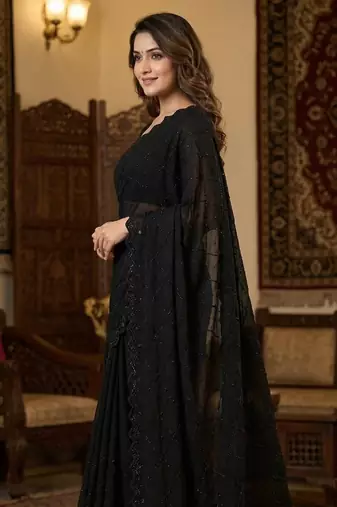 black georgette saree with beads work and cut border