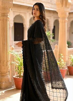 black georgette saree with beads work and cut border 5