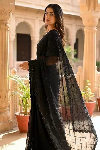 black georgette saree with beads work and cut border