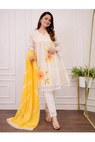 Jaipuri pure yellow cotton fabric party wear dress with dupatta set 1