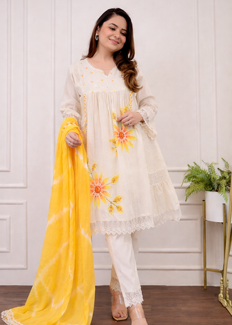 Jaipuri pure yellow cotton fabric party wear dress with dupatta set