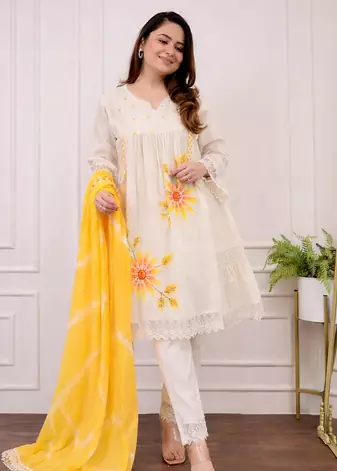 Jaipuri pure yellow cotton fabric party wear dress with dupatta set