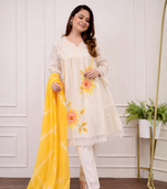 Jaipuri pure yellow cotton fabric party wear dress with dupatta set
