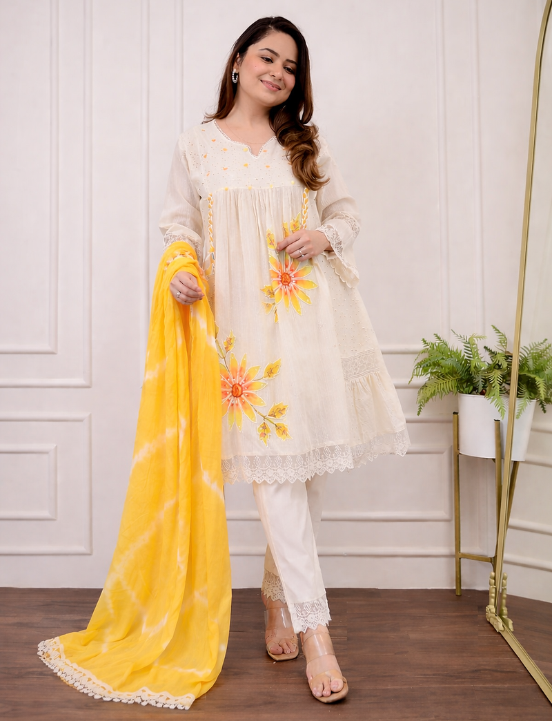 Jaipuri pure yellow cotton fabric party wear dress with dupatta set