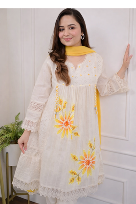 Jaipuri pure yellow cotton fabric party wear dress with dupatta set 2