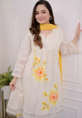 Jaipuri pure yellow cotton fabric party wear dress with dupatta set