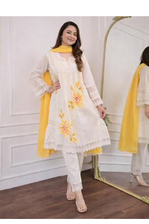 Jaipuri pure yellow cotton fabric party wear dress with dupatta set 3