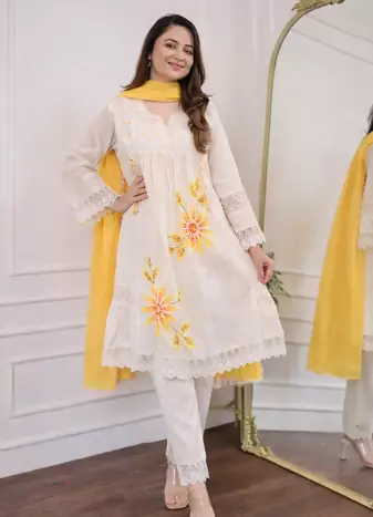 Jaipuri pure yellow cotton fabric party wear dress with dupatta set