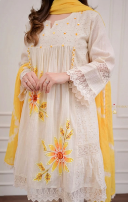 Jaipuri pure yellow cotton fabric party wear dress with dupatta set 4