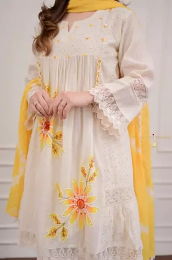 Jaipuri pure yellow cotton fabric party wear dress with dupatta set