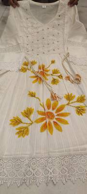 Jaipuri pure yellow cotton fabric party wear dress with dupatta set 5