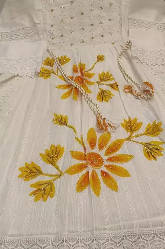 Jaipuri pure yellow cotton fabric party wear dress with dupatta set