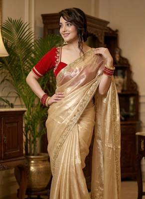 cream organza satin saree with embroidered border 1