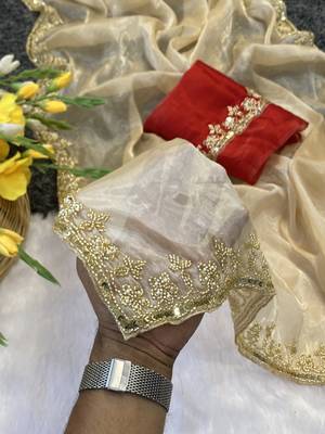 cream organza satin saree with embroidered border 3