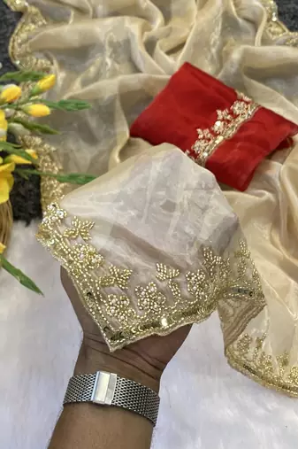 cream organza satin saree with embroidered border