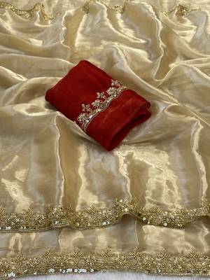cream organza satin saree with embroidered border 4