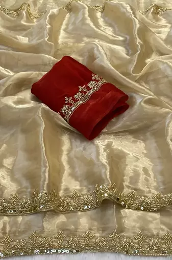 cream organza satin saree with embroidered border