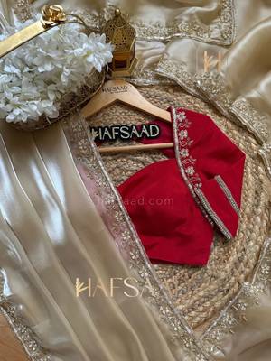cream organza satin saree with embroidered border 5