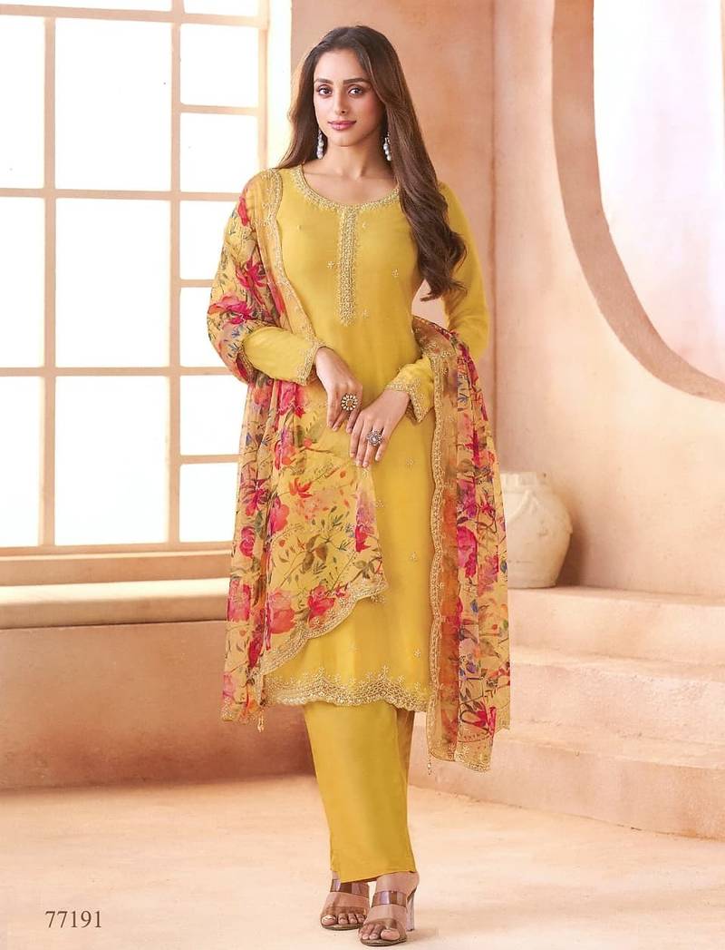 Light yellow chiffon silk semi stitched suits