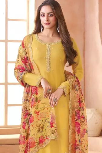 Light yellow chiffon silk semi stitched suits