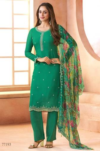 Sea green chiffon silk semi stitched suits