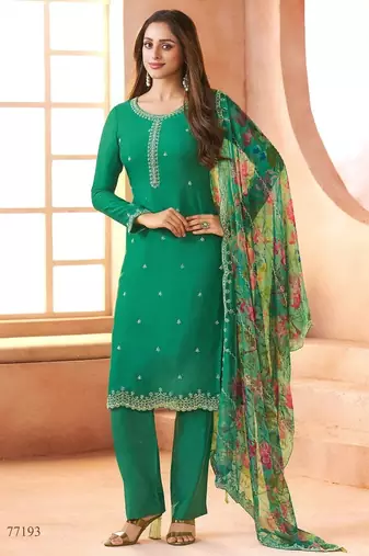 Sea green chiffon silk semi stitched suits