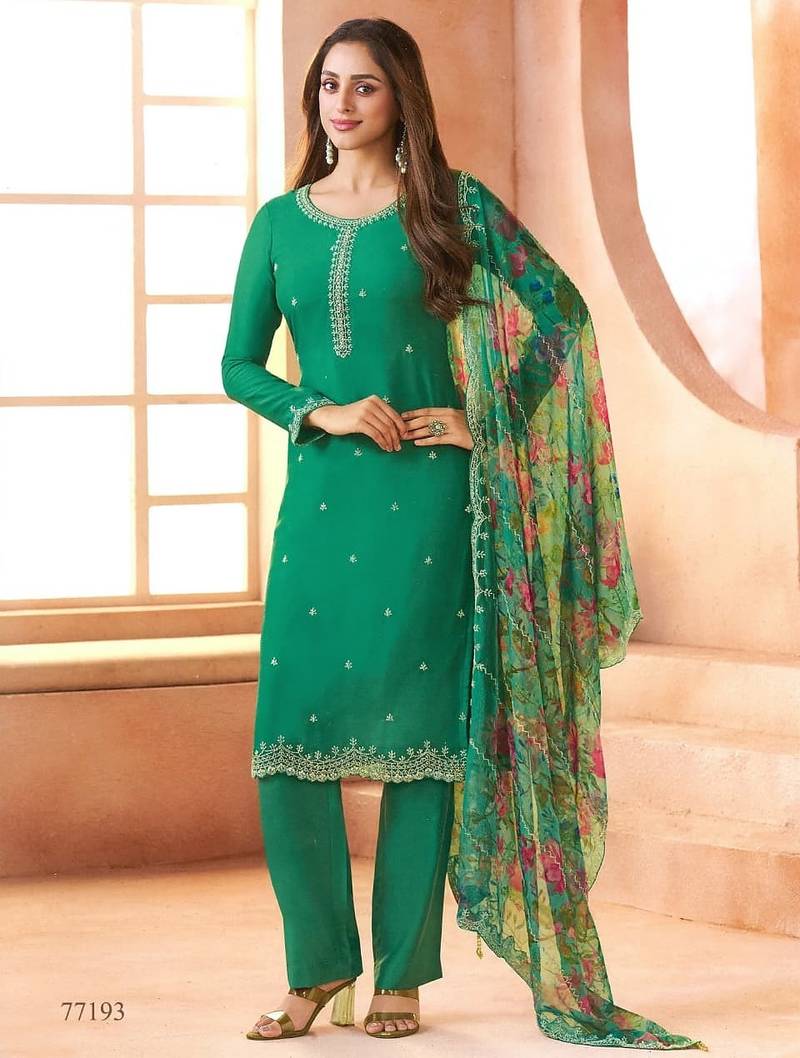 Sea green chiffon silk semi stitched suits