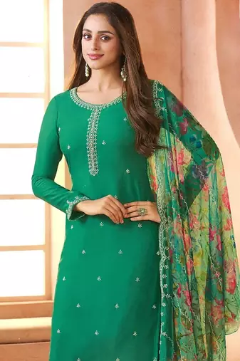 Sea green chiffon silk semi stitched suits